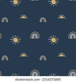 Vector seamless pattern. Cute Rainbow and Sun on dark blue background. Design for textiles, texture, fabrics, wallpaper and packaging paper. EPS10 vector illustration
