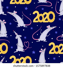 Vector seamless pattern with cute rats isolated on blue. Colorful cartoon mouses - symbol chinese happy new year 2020 used for magazine, stickers, cards, calendar.