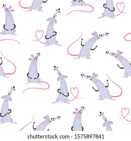 Vector seamless pattern with cute rats isolated on white. Colorful cartoon mouses - symbol chinese happy new year 2020 used for magazine, stickers, cards, calendar.