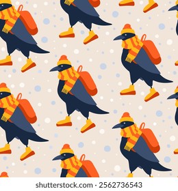 Vector seamless pattern with cute ravens in bright winter hat and scarf with backpack on light snowy background.