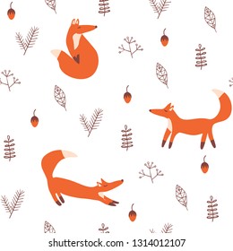 Vector seamless pattern with cute red fox on white background. Childish print.