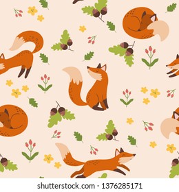 Vector seamless pattern with cute red foxes, acorns, oak leaves, flowers and other elements on a light background