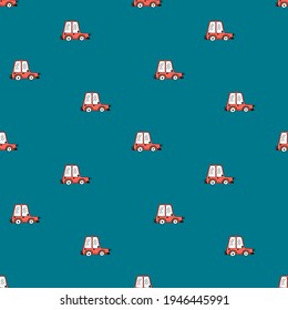 Vector seamless pattern with cute red cars doodle style on colored background, children's illustration for postcards, posters, toys, pajamas