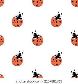 Vector seamless pattern of cute red ladybugs in doodle flat style. Bright background and texture on theme of nature, spring, summer, children print, isolated