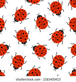 vector seamless pattern of cute red ladybugs in flat style, background and texture on theme of nature, spring, summer, children print, cartoon insect