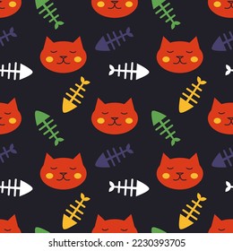 Vector seamless pattern with cute red cat faces and fishbones on black background. Modern design for fabric and paper, surface textures.