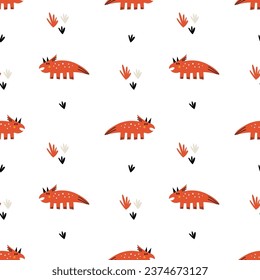 Vector seamless pattern with cute red dinosaurs. Modern design for fabric and paper, surface textures. Bold colors design on white background.