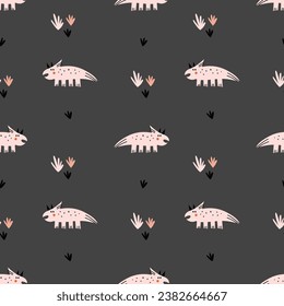 Vector seamless pattern with cute red dinosaurs. Modern design for fabric and paper, surface textures. Bold colors design on dark grey background.
