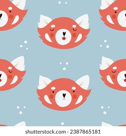 Vector seamless pattern with cute red panda faces, adorable animals for nursery and kids