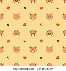 Vector seamless pattern with cute red pandas, hearts love and footprints on yellow background