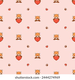 Vector seamless pattern with cute red pandas, hearts love and footprints on pink background