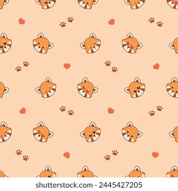 Vector seamless pattern with cute red pandas, hearts love and footprints