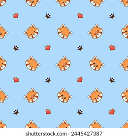 Vector seamless pattern with cute red pandas, hearts love and footprints on blue background