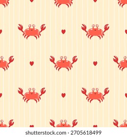 Vector seamless pattern with cute red crabs, seashells, and corals. Playful ocean-themed design perfect for kids textiles, wrapping paper, and summer decor.