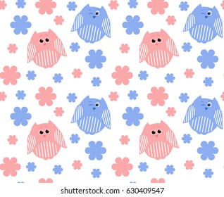 Vector seamless pattern of cute red and blue owls with flowers in the background
