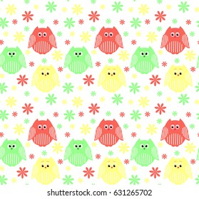 Vector seamless pattern of cute red, green and yellow owls with flowers in the background