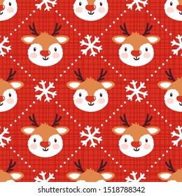 Vector seamless pattern with cute reindeer. Winter holiday texture with deers. Christmas design for wrapping paper. Bright winter background with animals and snowflakes.