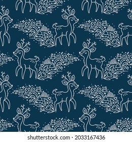 Vector seamless pattern with cute reindeers and floral elements. Natural repeated texture with the north deers. Childish print with animals for kids fabric and wrapping paper. Scandinavian style.