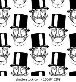 Vector seamless pattern with cute retro male characters. Heads of skeptical, elegant and funny gentlemen. Ink drawing, graphic style. Perfect for prints and patterns