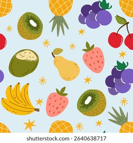 Vector seamless pattern with cute retro doodle summer fruits. Tropical food background for textiles, packaging, wallpapers, postcards, covers. Kiwi, coconut, banana, grapes, strawberry, cherry