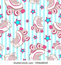 Vector seamless pattern with cute retro roller skates on blue striped background with stars