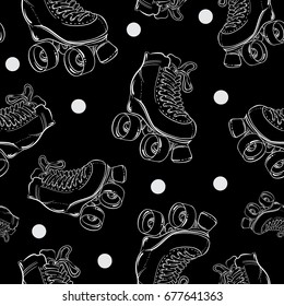 Vector seamless pattern with cute retro roller skates. Vintage sketch style black and white background