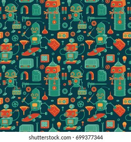 Vector seamless pattern with cute retro robots and tools.
