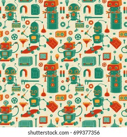 Vector seamless pattern with cute retro robots and tools.