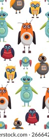 Vector seamless pattern with cute robots and birds in cartoon style. Perfect for children’s textiles, wrapping paper, wallpapers, digital backgrounds. Fun and playful texture