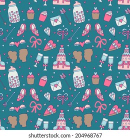 Vector seamless pattern with cute romantic elements: cakes, jar, letter, bows, hearts, diamond, gift box, shoes, glasses and people silhouette