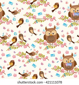 vector seamless pattern. cute, romantic pattern with roses and birds. flowering gardens, love letters, the chirping of birds. 