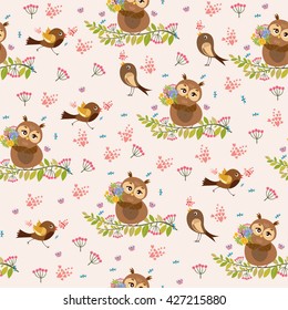 vector seamless pattern. cute, romantic with owl and birds. flowering gardens for children's rooms. 