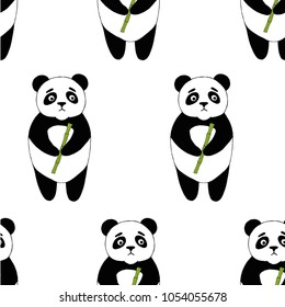 
Vector seamless pattern with cute sad pandas that hold in the paws a bamboo branch, on a white background, freehand art