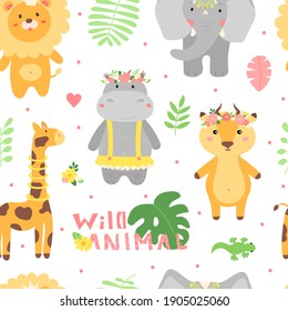 Vector Seamless Pattern with Cute Safari African Animals and Leaves.Hand Drawn Ornament with Wild Adorable Animals in Flat style.Baby Illustration for Textile,Print,Wrapping Paper,Wallpaper,Design.