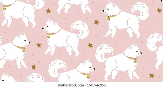 Vector seamless pattern with cute samoyed dogs, stars on pink. Nursery, textile, fabric design for kids, boys, girls. Scandinavian style textile. Dogs, puppies illustrations children pattern design