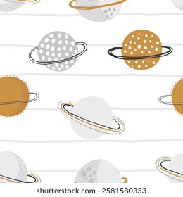 Vector seamless pattern with cute saturn planets on striped background. Space cartoon print for kids.Creative kids texture for fabric, wrapping, textile, wallpaper.