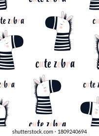 vector seamless pattern, cute scandinavian zebra isolated on white background, cute illustration