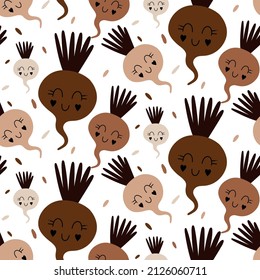 Vector seamless pattern with cute scandinavian style vegetables on a white background. Illustration with beets. Great for clothes, wallpapers, textiles, wrapping paper. Baby vector illustration.