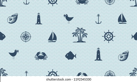 Vector seamless pattern with cute sea objects, anchor, sailboat, lighthouse, crab, fish, seagull, palm, seashell. Dark blue elements of marine design on white background with waves