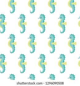 Vector seamless pattern with cute sea horse on white background.