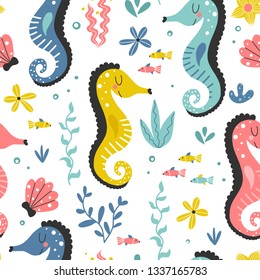 Vector seamless pattern with cute sea horse on white background with sea plants in a cartoon style.