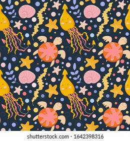 Vector seamless pattern with cute sea characters in the dark background. Shell, cute turtle, funny squid, starfish, algae.Children's marine pattern. Cartoon characters.