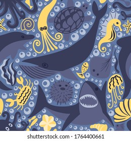 Vector seamless pattern with cute sea ocean animals. Print for wallpaper, fabric, textile.
