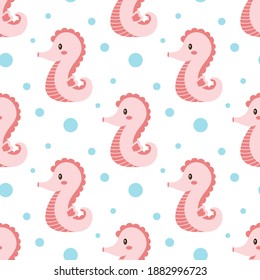 vector seamless pattern with cute sea horse on white background, flat design