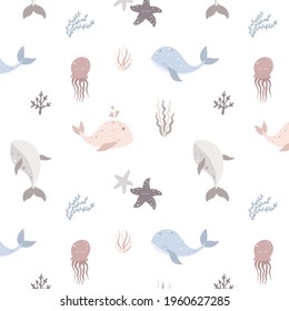 Vector seamless pattern with cute sea animals. Children's beautiful print with whales, jellyfish, algae. Suitable for packaging, wallpaper, holidays, birthdays, clothing prints, items.