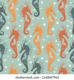 Vector seamless pattern with cute sea horse on light green  background with sea bubbles in a cartoon style.