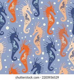 Vector seamless pattern with cute sea horse on light blue background with sea bubbles in a cartoon style.