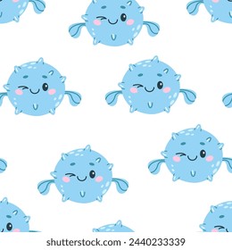 Vector seamless pattern with a cute sea ball fish in a hand-drawn style on a white background. Marine animals, ocean fish for your design