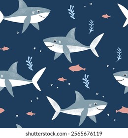 Vector seamless pattern with cute shark. Ocean print for kids clothes, fabric, cards