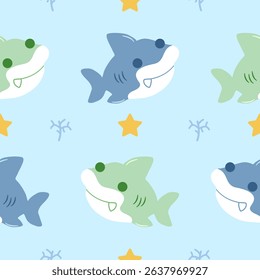 Vector seamless pattern with cute shark.Design for textile, fabric, wrapping, wallpaper, print. Vector illustration